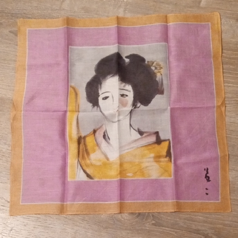 Vintage Cotton Handkerchief Style with Geisha Print
